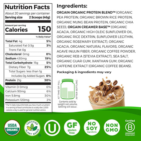 Orgain Organic Vegan Protein Powder, Iced Coffee, 21g Plant Protein, 60mg of Caffeine, Low Net Carb, No Added Sugar
