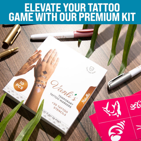 Vanli's Metallic Temporary Tattoo Markers, 10 Pens with 30 Stencils, Stocking Stuffers for Kids, Women, Boys, Girls