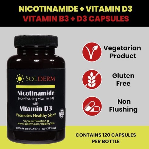 Nicotinamide Non-Flushing Vitamin B3 and D3 Supplement, Vegetarian and Gluten-Free, 60 Capsules, 500mg