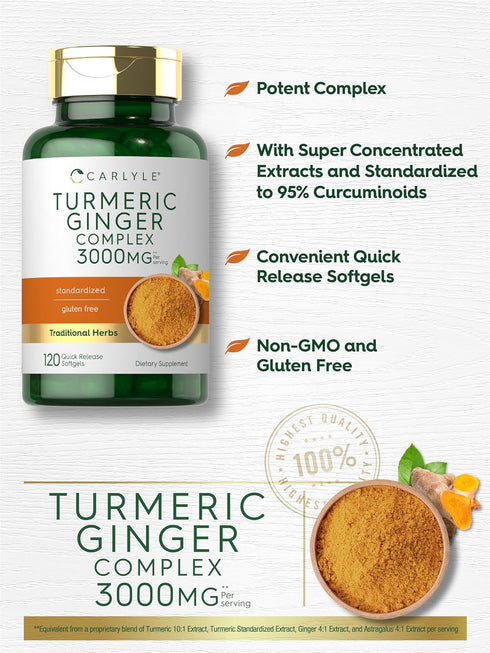 Carlyle Turmeric Curcumin Complex Supplement 3000 mg | 120 Softgel Capsules | Non-GMO, Gluten Free, Ginger