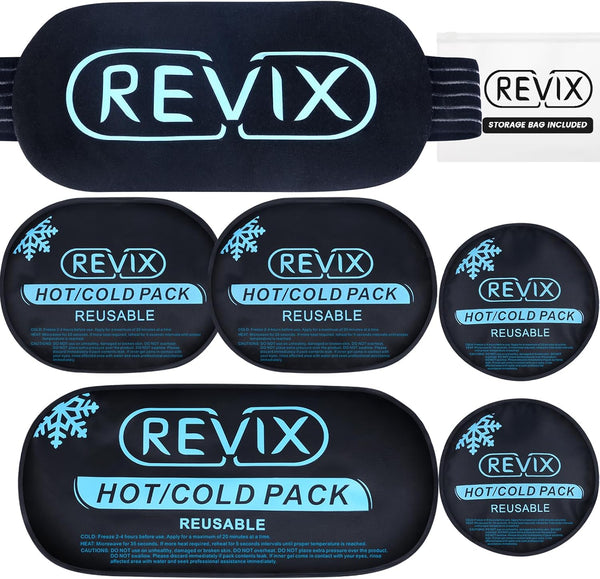 REVIX Ice Packs for Injuries Reusable, 5 Pack Hot and Cold Gel Ice Pack Set for Pain Relief, Swelling, and Recovery