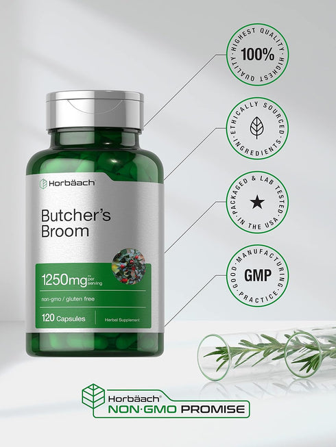 Horbaach Butchers Broom Capsules 1250mg, 120 Count, Non-GMO, Gluten Free Supplement