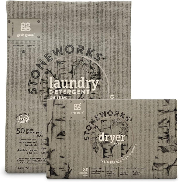 Grab Green Stoneworks Laundry Detergent Pods and Dryer Sheet Bundle, 50 Pods and 80 Dryer Sheets, Birch Branch Scent
