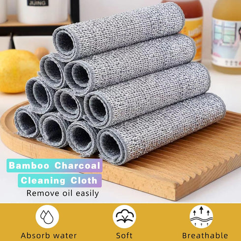 12 Pcs Bamboo Charcoal Fibre Non-Scratch Wire Dishcloth, Reusable Kitchen Cleaning Rags for Wet and Dry