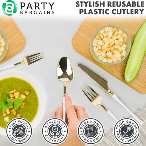 Party Bargains Disposable Plastic White Gold Cutlery Set, 40 Pack with 16 Forks, 8 Knives, 16 Spoons, Infinity Modern
