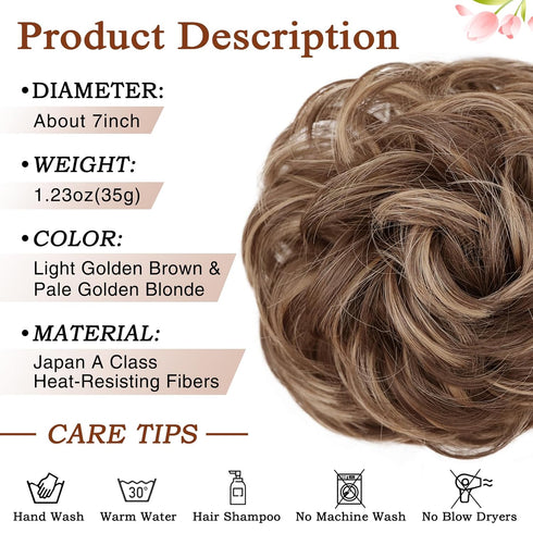 MORICA 1PCS Messy Hair Bun Hair Scrunchies Extension, Curly Wavy Synthetic Chignon Hairpieces for Women (12H24#)