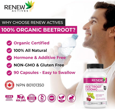 Renew Actives Organic Beetroot Supplement - 1300mg Extract for High Antioxidant Levels, 90 Veggie Capsules