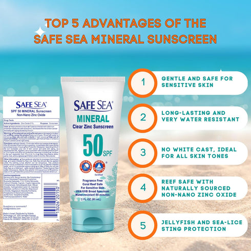 Safe Sea Zinc Oxide Sunscreen SPF50, Clear Mineral Face Lotion Without White Cast, Anti-Jellyfish Sting, 2Oz
