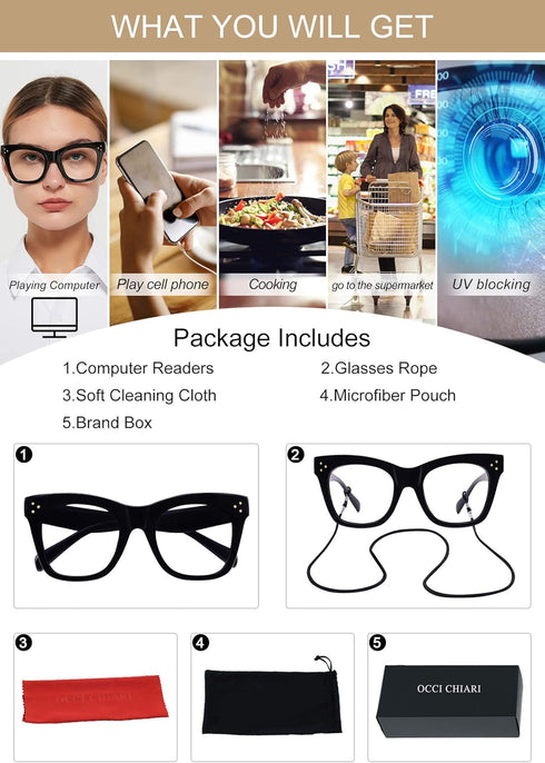 OCCI CHIARI Blue Light Blocking Glasses - Fashion Readers for Computer Use (Black, 0)