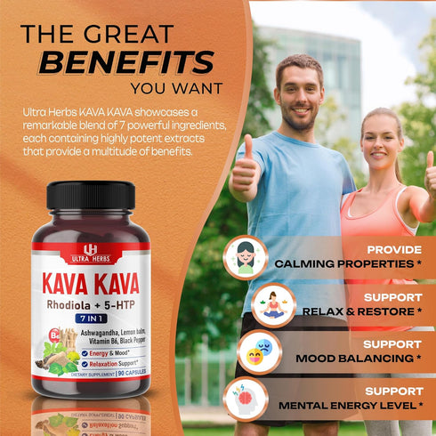 Kava Kava Capsules Supplement - 21,220MG Formula Enriched with Ashwagandha, 5-HTP, Rhodiola, Lemon Balm, Support Mood,