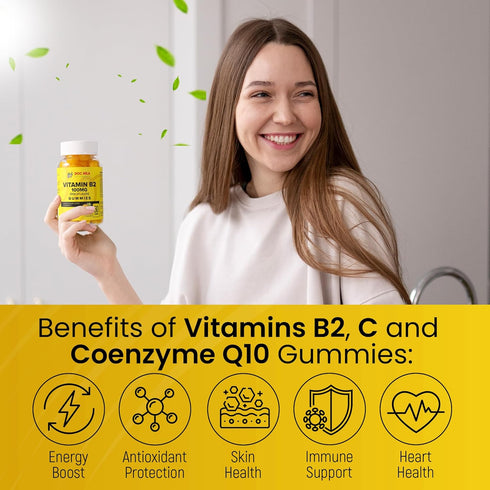 Vitamin B2 Gummies for Adults and Kids - 100mg Riboflavin with CoQ10 and Vitamin C for Migraine Relief, Pineapple Flavor