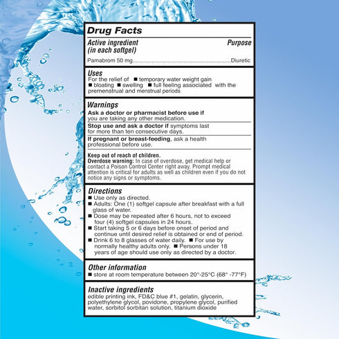 Maximum Strength Caffeine-Free Diuretic Softgels, (120 Softgels), Pambrom 50mg, Compare to Diurex Max Caffeine Free Active Ingredient, Helps Relieve Heaviness Due to Water Weight gain