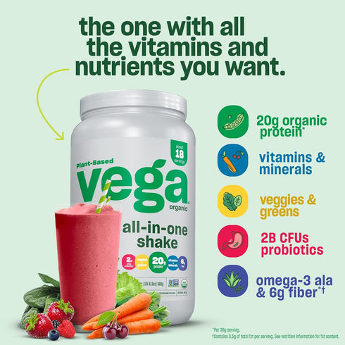 Vega Organic All-in-One Vegan Protein Powder, Chocolate - Superfood Ingredients, Vitamins for Immunity Support, Keto