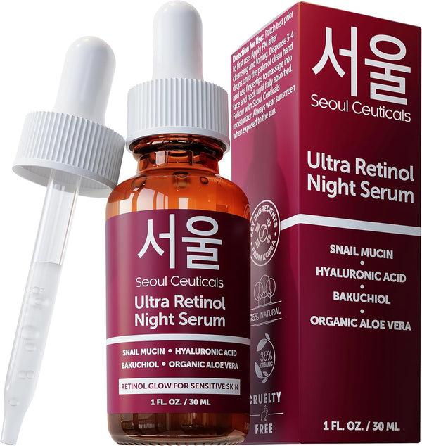 SeoulCeuticals 1% Korean Retinol Night Serum for Face - 97.5% Snail Mucin + Hyaluronic Acid + Bakuchiol, 1oz