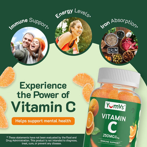 YumVs Vitamin C Gummies for Adults - 250 mg Orange Flavored Chewable Immune Gummies - Kosher, Halal, Gluten Free (200