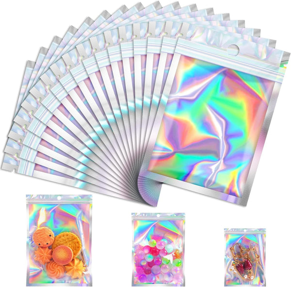 100 Pcs Holographic Mylar Bags, Resealable Smell Proof Bags for Small Business, Gift Packaging (2.8x3.9in)