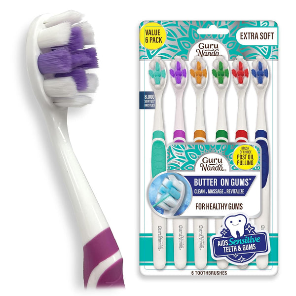 GuruNanda Butter On Gums Toothbrush, 6 Count, 8000+ Softex Bristles for Sensitive & Receding Gums, Perfect for Whiter
