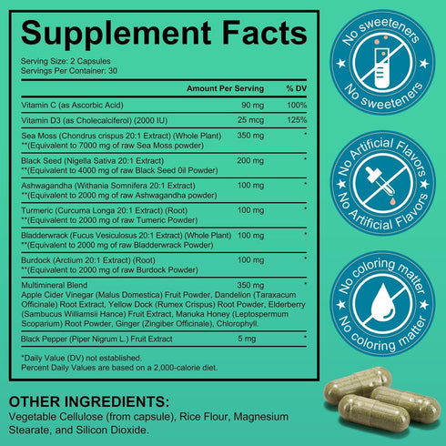 HUYEHF D3 Immunity 60 Count Sea Moss Black Seed Oil Ashwagandha Ginger, Sea Moss Capsule Supplement with Turmeric