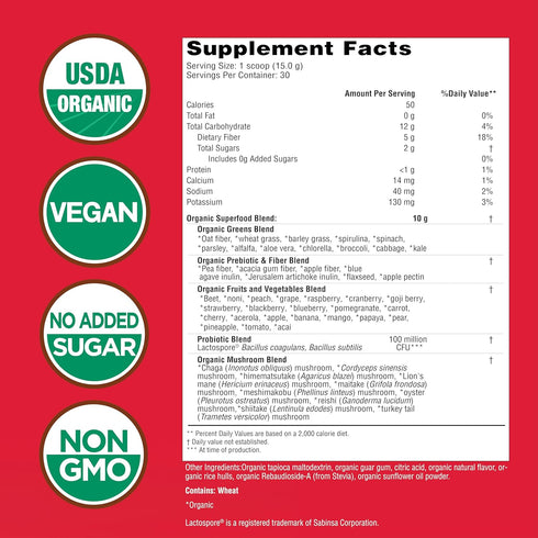 COUNTRY FARMS Super Greens Berry Flavor, 50 Organic Super Foods, USDA Organic Drink Mix (Wheat Grass, Spirulina, Chlorella) Mushrooms & Probiotics, Supports Gut Health, Natural Energy, 30 Servings