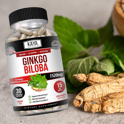 Kaya Naturals Red Panax Ginseng + Ginkgo Biloba | Nootropic Brain Supplement for Cognitive and Concentration Support