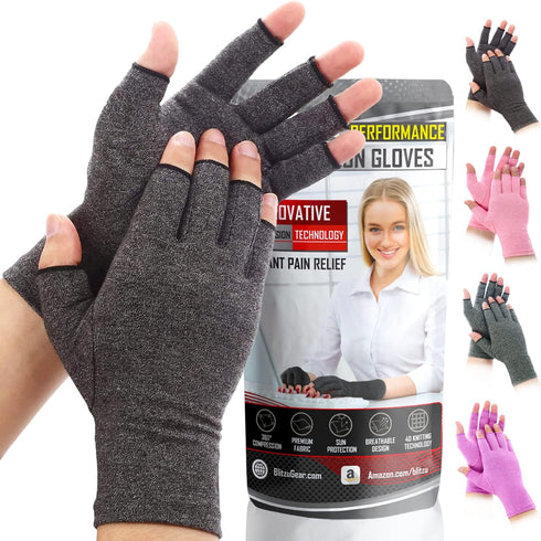BLITZU Fingerless Gloves for Men, Raynauds Compression Gloves for Arthritis Pain and Support, Black S