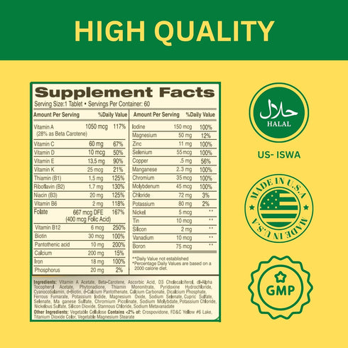 Greenfield Nutritions Halal Multivitamins for Women and Men - 60 Gelatin Free Tablets with 27+ Vitamins & Minerals
