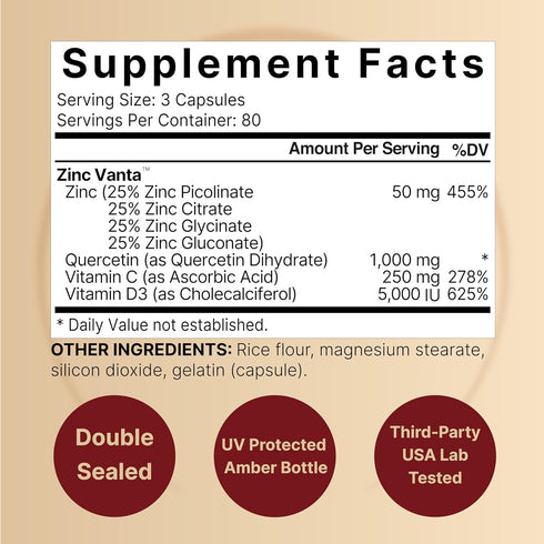 NatureBell Zinc Quercetin with Vitamin C & D3, 240* Capsules | Quercetin 1,000mg, 4 in 1 Zinc 50mg, Vitamin C 250mg, Vitamin D3 5,000 IU – ZincVanta Advanced Immune Defense & Lung Support