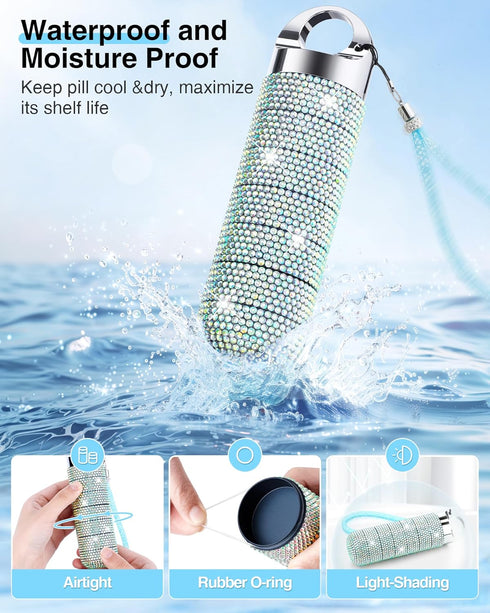 Zannaki Metal Bling Pill Organizer, Travel Waterproof Weekly Pill Box, Portable Large Aluminum Alloy Container, BPA Free