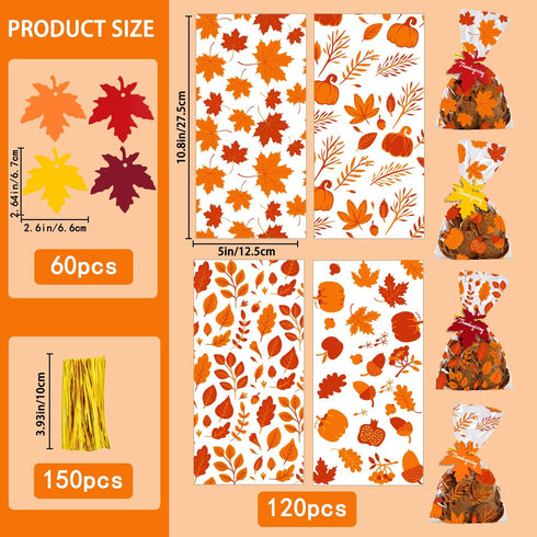YUJUN 120 60 Supplies(4 PCS Fall Cellophane Treat Bags,Maple Leaves Gift Goodie Candy Autumn Clear Cello Bags