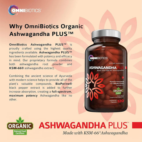 OmniBiotics Organic Ashwagandha Supplement – 1300mg Total Strength, 120 Vegan Capsules for Stress Relief