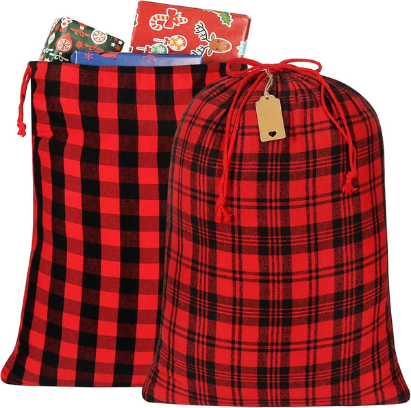 HRX Package 2 Pcs Cotton Santa Bag, 28x20 Inch Plaid Fabric Drawstring Christmas Bags with Gift Tag