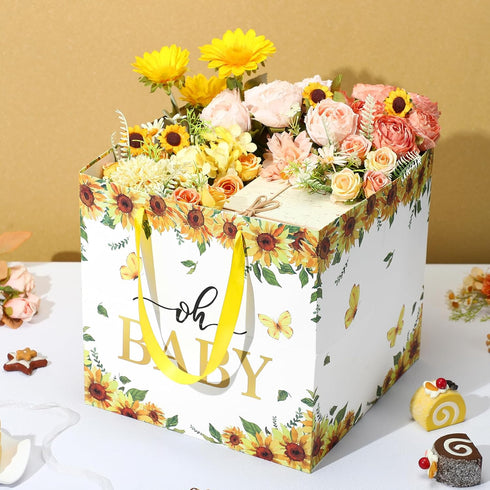 Woosytoo 12" Extra Large Sunflower Baby Gift Bags, Yellow Sunflower Square Gift Bag with Wrapping Paper Jumbo Gifts Bag