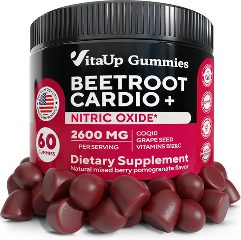 Cardio Beet Gummies 2600mg - Nitric Oxide Gummies with Beet Root, Grape Seed Extract, CoQ10, Vitamin C & B12, 60 Count