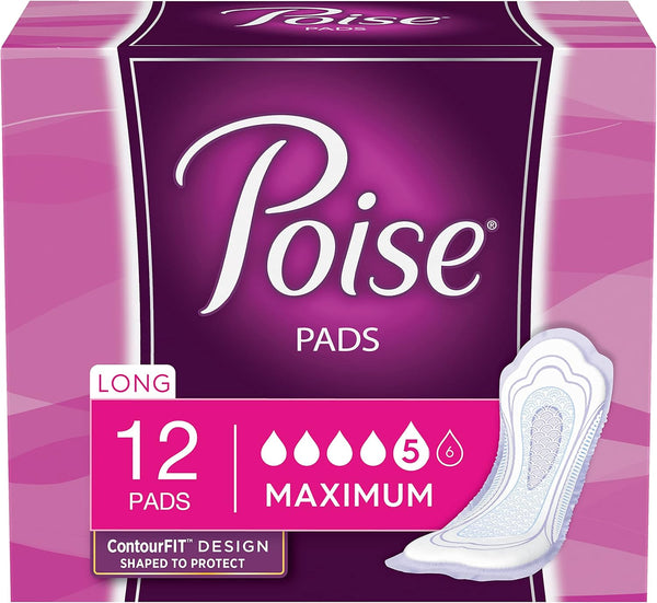 Poise Incontinence Pads, Maximum Absorbency, Long, 12 Count
