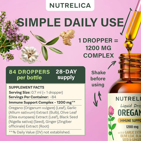 Immune 1200mg, Oregano Oil with Garlic Extract, Olive Leaf, Black Seed Oil & Ginger Support & Wellness No Sugar