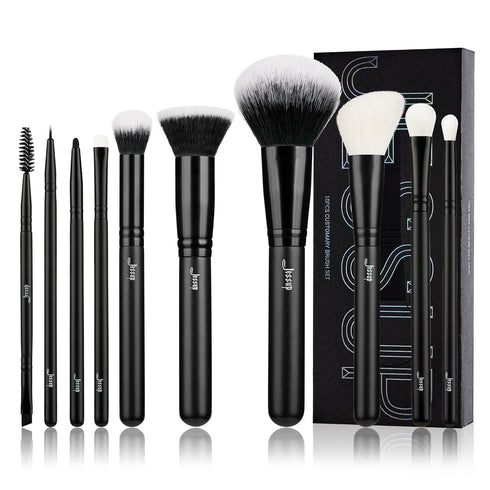 Jessup 10pcs Makeup Brush Set, Professional Black Brushes with Natural Synthetic Hair for Foundation, Blending, Blush,