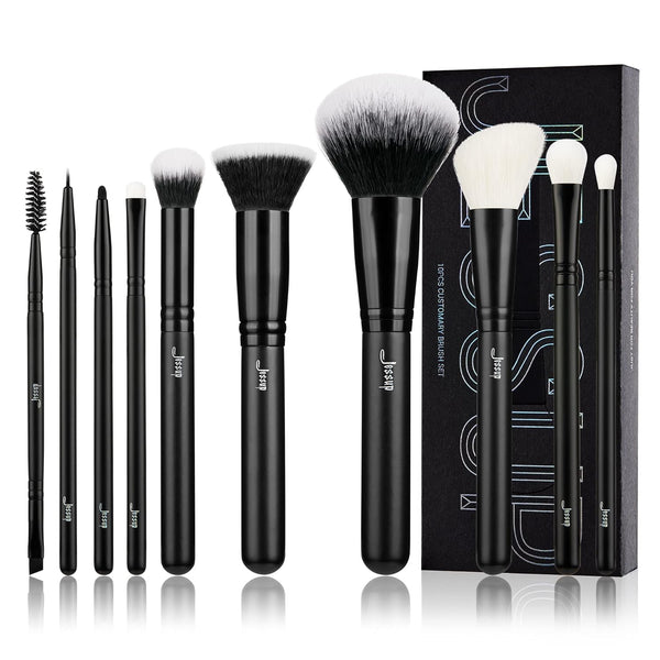 Jessup 10pcs Makeup Brush Set, Professional Black Brushes with Natural Synthetic Hair for Foundation, Blending, Blush,