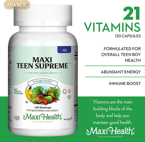 Maxi Health Teen Supreme HIS Vitamins for Boys (120) - Daily Multivitamin for Ages 12-17, Energy & Immune Support