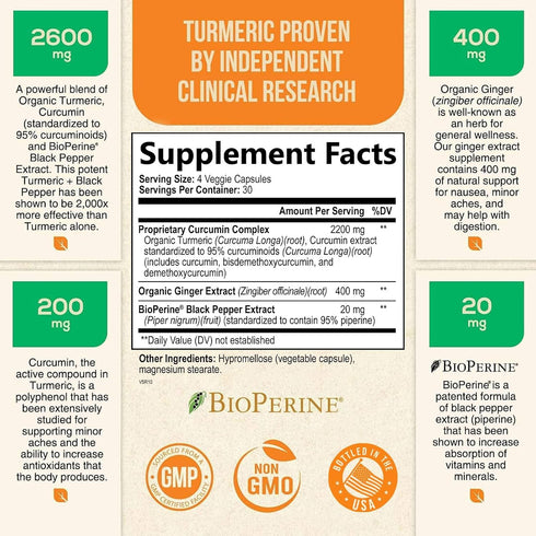 Turmeric Curcumin with BioPerine & Ginger 95% Curcuminoids 2600mg - Natural Joint & Heart Support, Black Pepper for Max Absorption - Health Nutrition Turmeric Extract Supplement - 120 Capsules