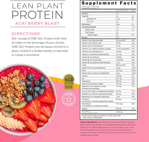 One Sol Protein Powder - Lean & Low Carb, Gluten Free, Vegan Friendly (Acai Berry Blast)