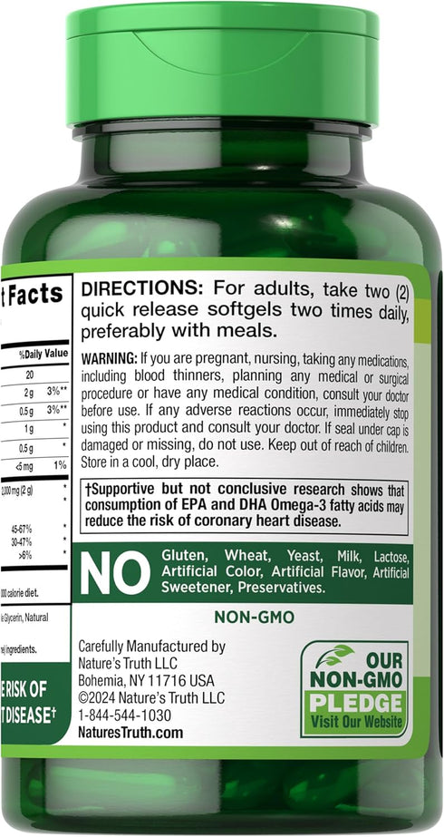 Fish Oil 2000 mg Softgels, 60 Count, Burpless Lemon Flavor, Non-GMO and Gluten Free Omega 3 Supplement