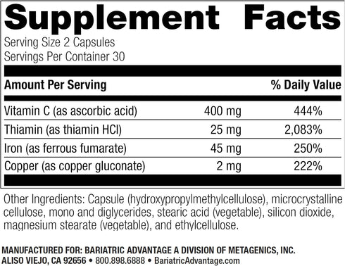 Bariatric Advantage Iron 45 mg with Vitamin C, Thiamin, and Copper, Easily Digestible for Surgery Patients - 60 Count
