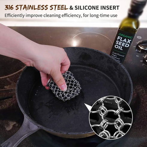 2pack Cast Iron Scrubber | 316 Chainmail Scrubber for Cast Iron Pan, Silicone Insert Cleaner