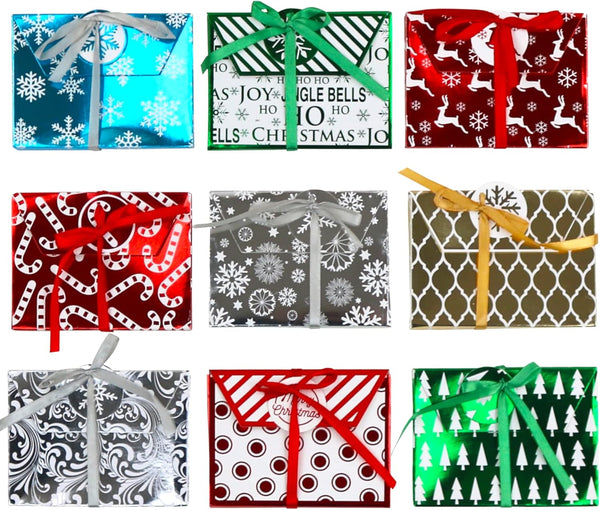 Iconikal Christmas Holiday Foil Embossed Gift Card Holder Boxes with Ribbon, Set of 9