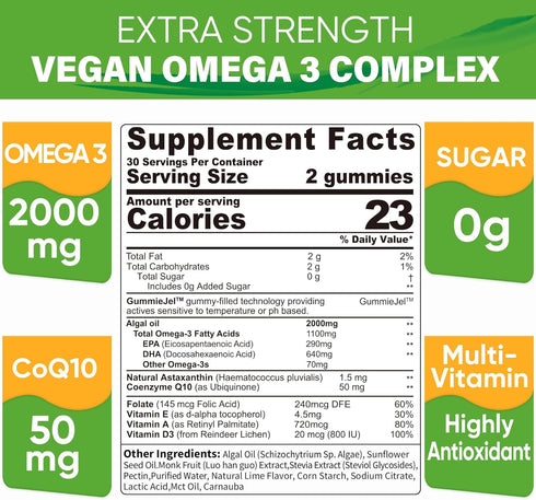 Vegan Omega 3 Supplement Gummies, Sugar Free Algae Omega 3 Fatty Acid 2000mg With 640mg DHA & 290mg EPA, Multivitamin, CoQ10, Astaxanthin For Brain, Joint, Eye,Immune, Fish Oil Supplements Alternative