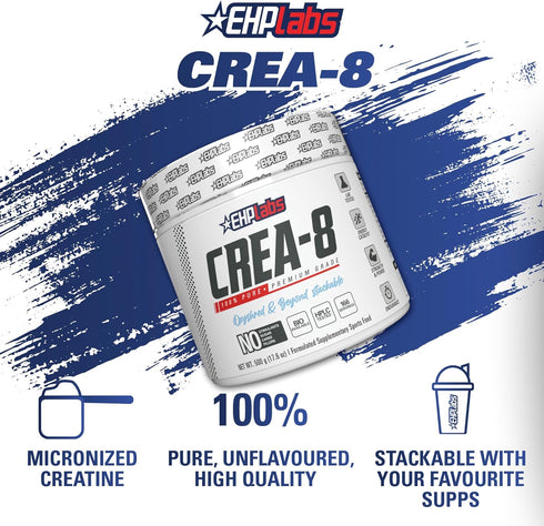 EHP Labs CREA-8 Creatine Monohydrate Powder - Unflavored Supplement for Muscle Growth, 100 Servings (500g)