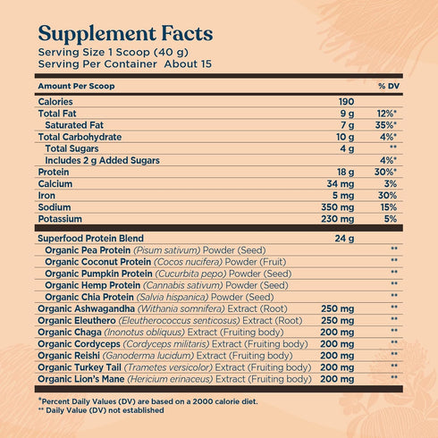 Four Sigmatic Organic Vegan Protein Powder, 18g Plant-Based Protein per Serving, Gluten Free, 21.16oz, 15 Servings