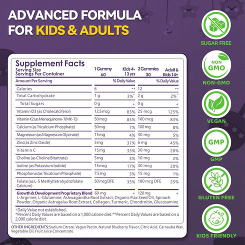 Gummies D3 K2, Gummies Immunity 60 Gummies Height Growth for Kids & Teens - Calcium, Vitamin + Zinc, Magnesium