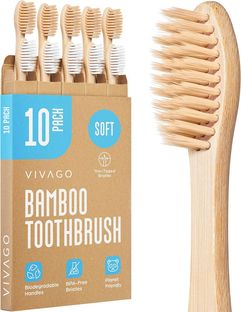 Bamboo Toothbrushes 10 Pack, Eco-Friendly, Biodegradable & Compostable Natural Wooden Toothbrush