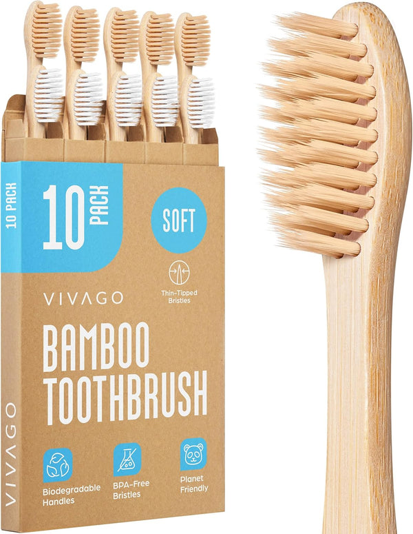 Bamboo Toothbrushes 10 Pack, Eco-Friendly, Biodegradable & Compostable Natural Wooden Toothbrush